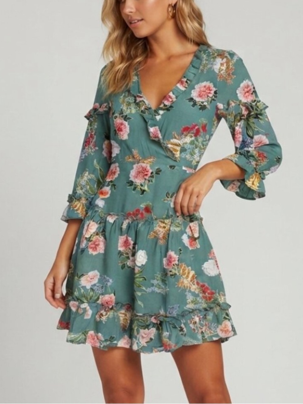 New! Hayden Green Floral Lace-Up Ruffle Mini Dress Size Small 39573